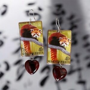 Red Panda vintage canceled stamp Hungary upcycled dangle earrings Carmelian bead